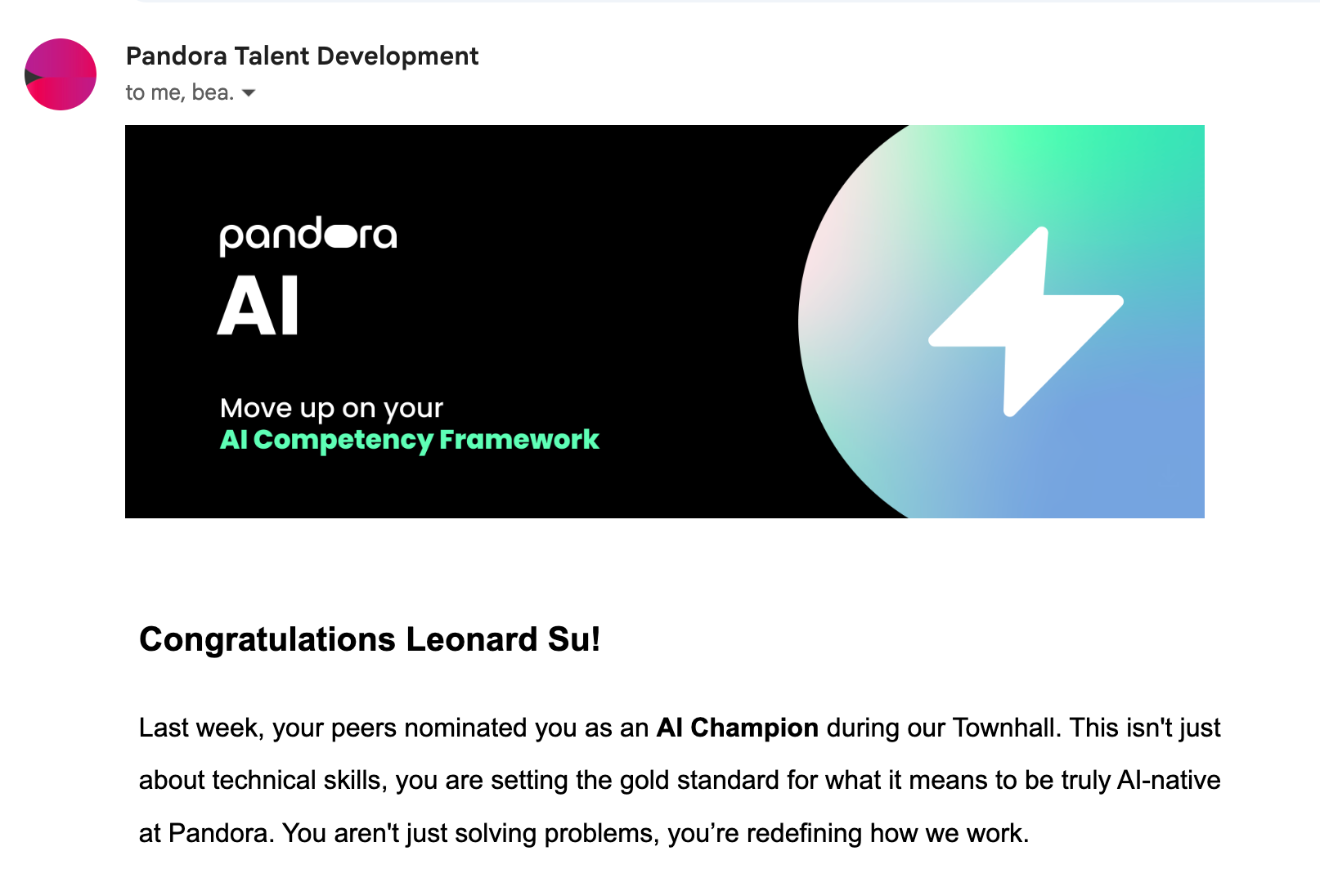 Email announcing Leonard Su's nomination as a Pandora AI Champion