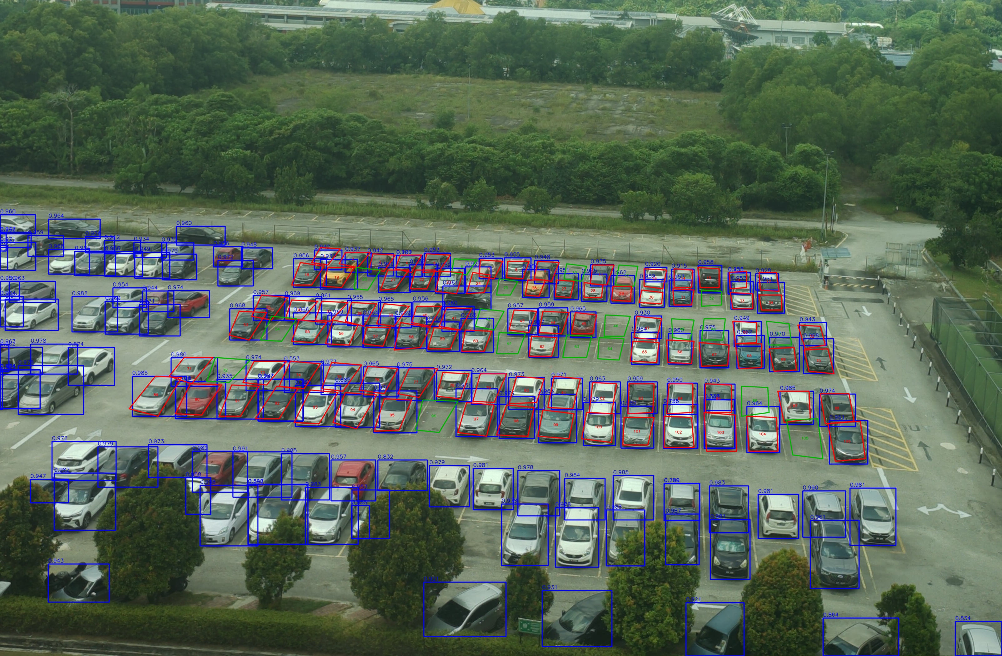 APU Zone B parking image with vehicle detections and parking-space occupancy overlays